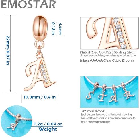 EMOSTAR Letter Charms Initial A-Z Alphabet Beads, Rose Gold 925 Sterling Silver Dangle CZ Birthstone Pendant, Gifts for European Charm Bracelet/Mothers Day/Birthday in Kuwait