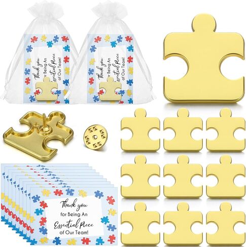 Hotop 50 Sets Appreciation Gifts for Coworkers 50 Gold Puzzle Piece Pins Puzzle Shaped Lapel Pin 50 Thank You Cards and White Organza Bags Team Gift for Staff Thank You Gifts for Employee in Saudi Arabia