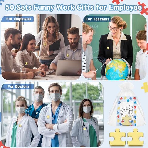 Hotop 50 Sets Appreciation Gifts for Coworkers 50 Gold Puzzle Piece Pins Puzzle Shaped Lapel Pin 50 Thank You Cards and White Organza Bags Team Gift for Staff Thank You Gifts for Employee in Saudi Arabia