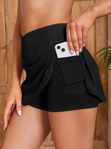SHEKINI Women's High Waisted Swim Skirt Pleated Swimdress Liner with Pockets Swimsuits Bottoms in Kuwait