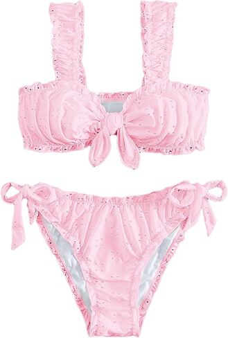 SHENHE Women's 2 Piece Cute Ruffle Swimsuit Knot Front Eyelet Tie Side Cut Bikini Set in Saudi Arabia