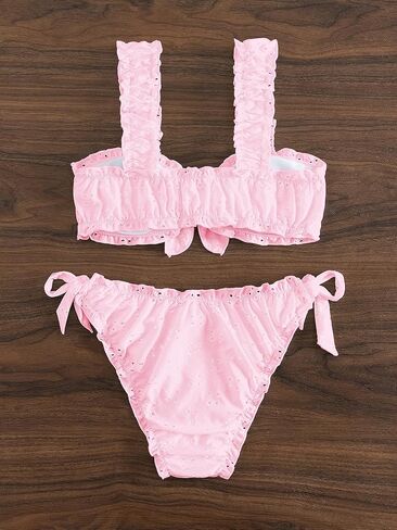 SHENHE Women's 2 Piece Cute Ruffle Swimsuit Knot Front Eyelet Tie Side Cut Bikini Set in Saudi Arabia