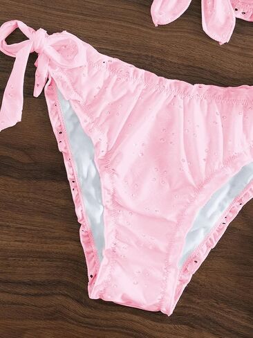 SHENHE Women's 2 Piece Cute Ruffle Swimsuit Knot Front Eyelet Tie Side Cut Bikini Set in Saudi Arabia