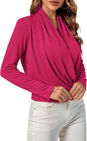 LYANER Women's Casual V Neck Cross Wrap Long Sleeve Solid Blouse Shirt Top in Saudi Arabia