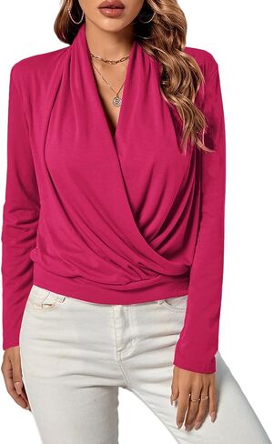 LYANER Women's Casual V Neck Cross Wrap Long Sleeve Solid Blouse Shirt Top in Saudi Arabia