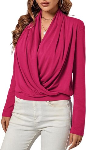 LYANER Women's Casual V Neck Cross Wrap Long Sleeve Solid Blouse Shirt Top in Saudi Arabia