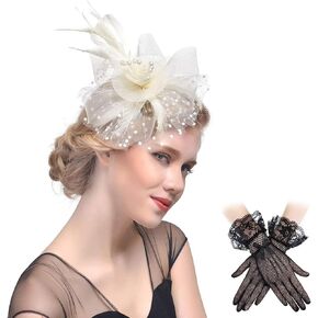 Fascinators Headband Cocktail Feathers Hair Clip,with1 Pair Black Lace Gloves