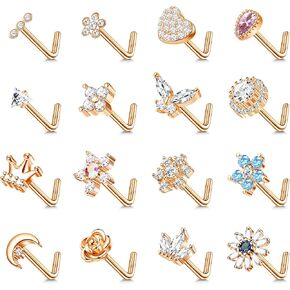 Florideco 16Pcs 20g Nose Stud Rings L Shape Nose Studs Stainless Steel Cubic Zirconia Butterfly Flower Crown Shape Nose Studs Piercing Jewelry for Women Men