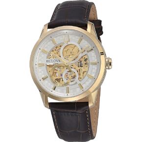 Bulova Men's Classic Sutton Automatic Skeleton Dial Brown Leather Strap Watch | 43mm | 97A138 in Saudi Arabia