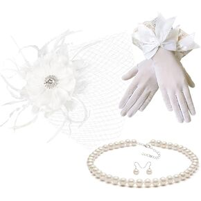 Gionforsy Fascinator Hat Feather Mesh Face Veil Hat Derby Tea Party Hat with Lace Gloves Pearl Necklace for Wedding (Style1-Beige) in Kuwait
