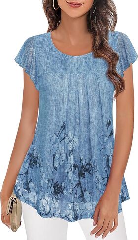 Furnex Women's Short Sleeve Tunic Shirt Pleated Mesh Blouses Summer Floral Tops in Saudi Arabia