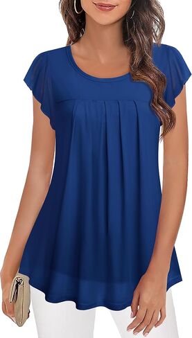 Furnex Women's Short Sleeve Tunic Shirt Pleated Mesh Blouses Summer Floral Tops in Saudi Arabia