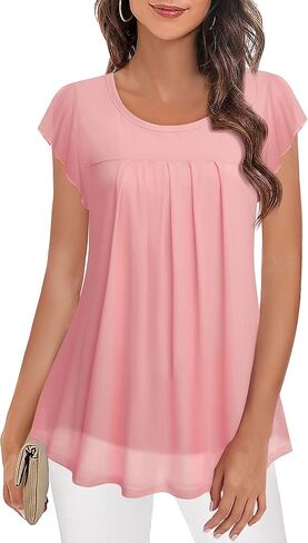 Furnex Women's Short Sleeve Tunic Shirt Pleated Mesh Blouses Summer Floral Tops in Saudi Arabia