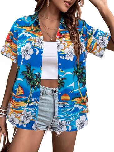 NANYUAYA قمصان هاواي النسائية بوهو مفتوحة من الأمام ناعمة ورائعة ورقبة على شكل حرف V وأكمام قصيرة استوائية بأزرار حتى بلوزات علوية in Kuwait