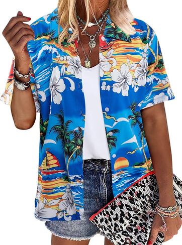 NANYUAYA قمصان هاواي النسائية بوهو مفتوحة من الأمام ناعمة ورائعة ورقبة على شكل حرف V وأكمام قصيرة استوائية بأزرار حتى بلوزات علوية in Kuwait