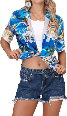 NANYUAYA قمصان هاواي النسائية بوهو مفتوحة من الأمام ناعمة ورائعة ورقبة على شكل حرف V وأكمام قصيرة استوائية بأزرار حتى بلوزات علوية in Kuwait