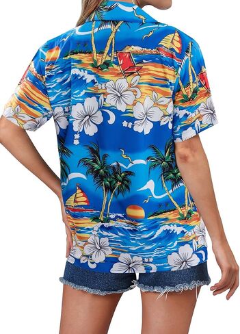 NANYUAYA قمصان هاواي النسائية بوهو مفتوحة من الأمام ناعمة ورائعة ورقبة على شكل حرف V وأكمام قصيرة استوائية بأزرار حتى بلوزات علوية in Kuwait