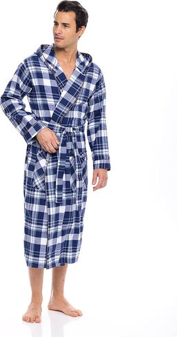 AMERICAN HEAVEN Men's Flannel Fleece Hooded Robe | Soft Cotton Shawl Collar Full Length Plaid Robe in Kuwait