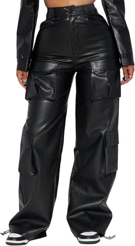 EZAPINE Women's Faux Leather Cargo Pants High Waisted Y2K Relaxed Pants with Pockets in Saudi Arabia