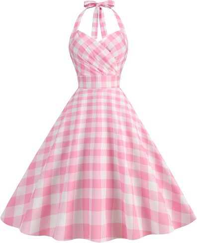 IBAKOM 50s Vintage Dress for Women Pink Gingham Dresses A-Line Retro Rockabilly Pin Up Costume 1940s Hepburn Swing Dress in Saudi Arabia