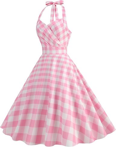 IBAKOM 50s Vintage Dress for Women Pink Gingham Dresses A-Line Retro Rockabilly Pin Up Costume 1940s Hepburn Swing Dress in Saudi Arabia