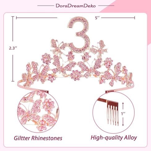 DORADREAMDEKO وشاح وتاج عيد الميلاد الثالث للفتيات - وشاح لامع رائع + فراشات حجر الراين الوردي تاج معدني فاخر للفتيات، هدايا عيد الميلاد الثالث لحفلة الأميرة in Kuwait
