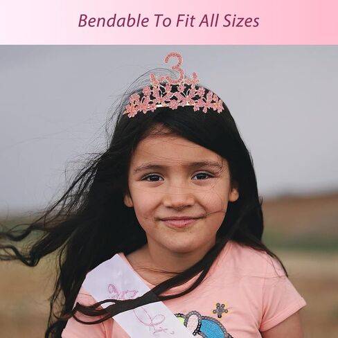DORADREAMDEKO وشاح وتاج عيد الميلاد الثالث للفتيات - وشاح لامع رائع + فراشات حجر الراين الوردي تاج معدني فاخر للفتيات، هدايا عيد الميلاد الثالث لحفلة الأميرة in Kuwait