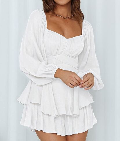 Ahtyeo Women's Casual Off Shoulder Romper Double Layer Ruffle Hem Waist Tie Short Jumpsuits Long Baggy Sleeves Mini Dress in Saudi Arabia