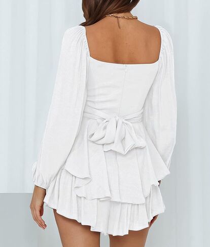 Ahtyeo Women's Casual Off Shoulder Romper Double Layer Ruffle Hem Waist Tie Short Jumpsuits Long Baggy Sleeves Mini Dress in Saudi Arabia