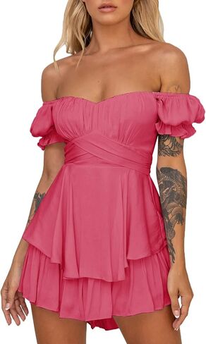 Ahtyeo Women's Casual Off Shoulder Romper Double Layer Ruffle Hem Waist Tie Short Jumpsuits Long Baggy Sleeves Mini Dress in Saudi Arabia
