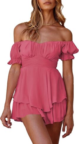 Ahtyeo Women's Casual Off Shoulder Romper Double Layer Ruffle Hem Waist Tie Short Jumpsuits Long Baggy Sleeves Mini Dress in Saudi Arabia