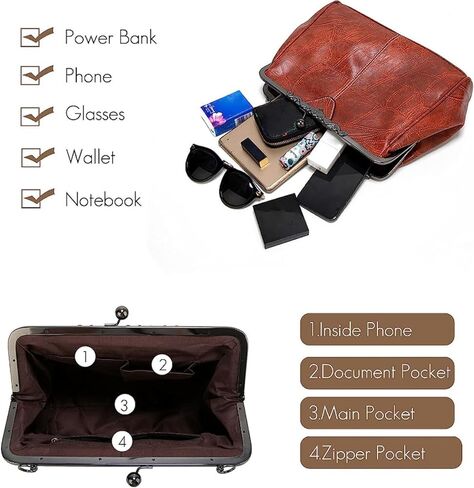 YOUNXSL Women Retro Hollow Oil Wax PU Leather Handbag Multiple Collocations Handbags Kiss Lock Messenger Bag in Saudi Arabia