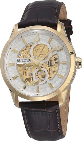 Bulova Men's Classic Sutton Automatic Skeleton Dial Brown Leather Strap Watch | 43mm | 97A138 in Saudi Arabia