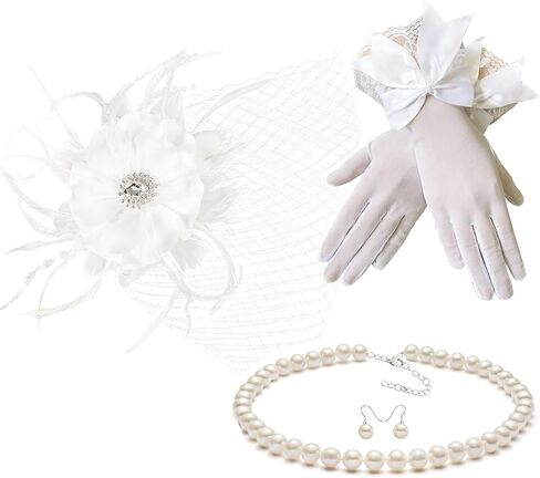 Gionforsy Fascinator Hat Feather Mesh Face Veil Hat Derby Tea Party Hat with Lace Gloves Pearl Necklace for Wedding (Style1-Beige) in Saudi Arabia