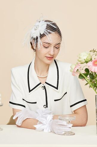 Gionforsy Fascinator Hat Feather Mesh Face Veil Hat Derby Tea Party Hat with Lace Gloves Pearl Necklace for Wedding (Style1-Beige) in Saudi Arabia