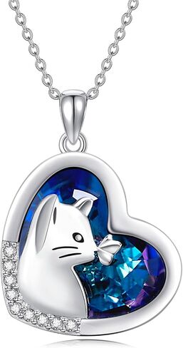 LONAGO Cat Necklace with Blue Heart Crystal Silver Cat Heart Pendant Necklace Gift for Women Girls in Saudi Arabia