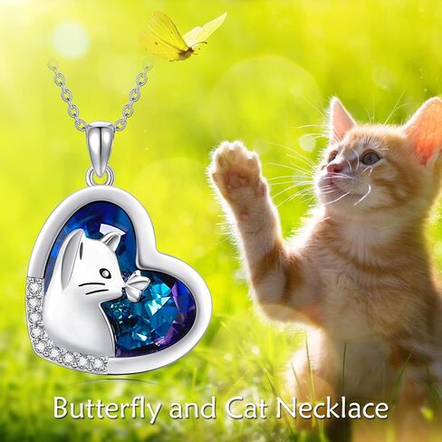 LONAGO Cat Necklace with Blue Heart Crystal Silver Cat Heart Pendant Necklace Gift for Women Girls in Saudi Arabia