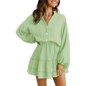 ARTFREE Women's Long Lantern Sleeves Mini Dress V Neck Button Down Ruffle Tiered Swing Summer Casual Dress