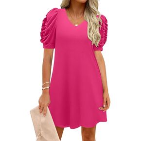 MIHOLL Womens Summer Dresses Casual V Neck Puff Short Sleeve T Shirt Dress with Pockets