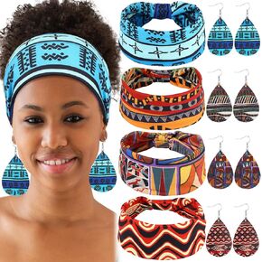 WILLBOND 4 Pcs African Headband with 4 Pcs African Faux Leather Earrings for Woman,African Boho Print Headband Head Wrap African Jewelry Sets for Women (Bright Pattern)