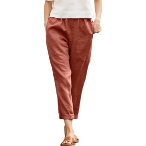 Langwyqu Womens Casual Cotton Tapered Capri Cargo Pants Loose Elastic Waist Ankle Cropped Trouser with Pockets