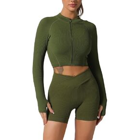 ABOCIW Workout Sets for Women Long Sleeve Zip Crop Top Seamless Ribbed High Waist Biker Shorts 2 Piece Outfits Tracksuit