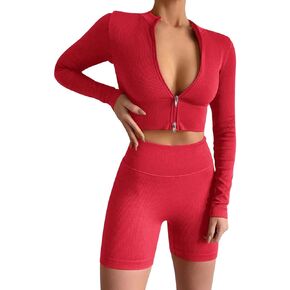 ABOCIW Workout Sets for Women Long Sleeve Zip Crop Top Seamless Ribbed High Waist Biker Shorts 2 Piece Outfits Tracksuit