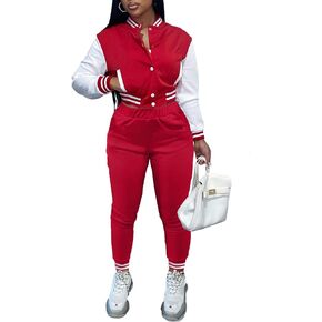 KELOVEPAN Sweatsuits for Women Set 2 Piece Patchwork Tracksuits Button Down Crop Bomber Varsity Jacket Pants Set Sexy