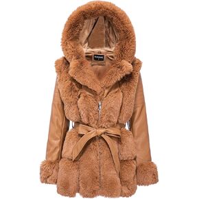 GRAN ORIENTE Women's Faux Leather Jacket with Faux Fur Lining and Collar Warm Winter Long Sleeve Coat Zipper Parka with Belt in Kuwait
