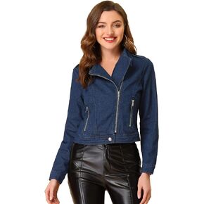 Allegra K Women Biker Notched Lapel Asymmetric Zip Moto Denim Jackets in Kuwait