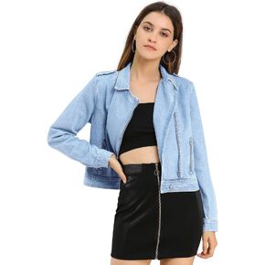 Allegra K Women Biker Notched Lapel Asymmetric Zip Moto Denim Jackets