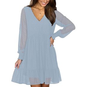 FAMITION Long Sleeve Dresses for Women: Swiss Dot Flowy V Neck Sleeves Shift Dress Casual Ruffle Swing Chiffon Mini Dresses in Kuwait