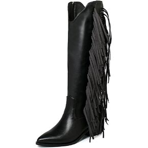 KiutSymo Cowgirl Fringe Boots for Women Knee High Cowboy Boots | Fringe Cowboy Boots for Women, Pointed Toe Tassels Chunky Heel Western Cowgirl Boots, Country Music Festivals Wedding Party in Saudi Arabia