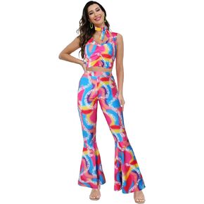 70s Pink Outfits Flared Pants for Women 80s Hippie Disco Costumes Halloween Cosplay Earrings Accessories